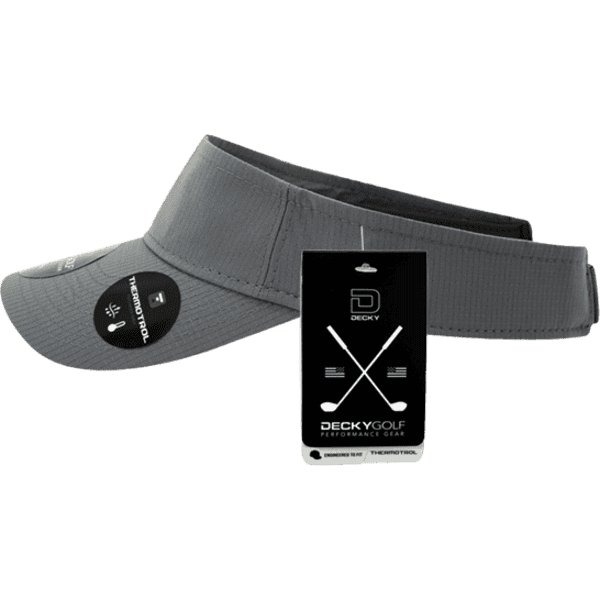 A grey sun visor with a logo, featuring an adjustable strap and a tag attached.