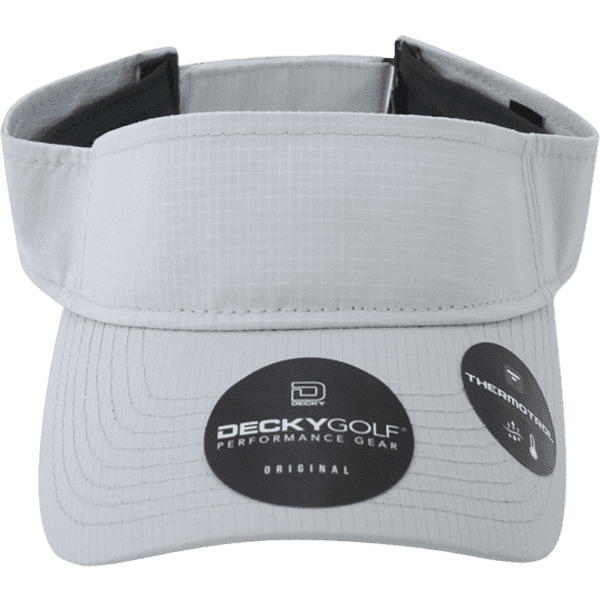 A grey sun visor with a wide brim, featuring a logo and two stickers on its front.
