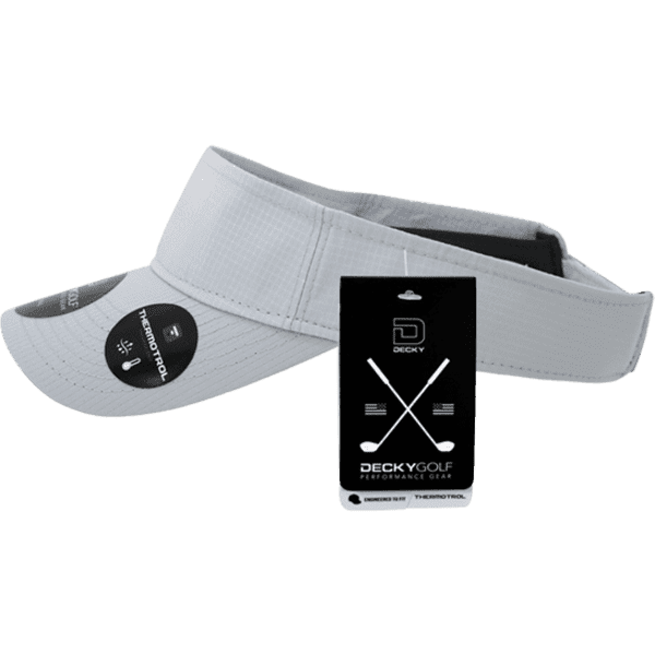 A grey sun visor with a curved brim and a logo, attached to a promotional tag.
