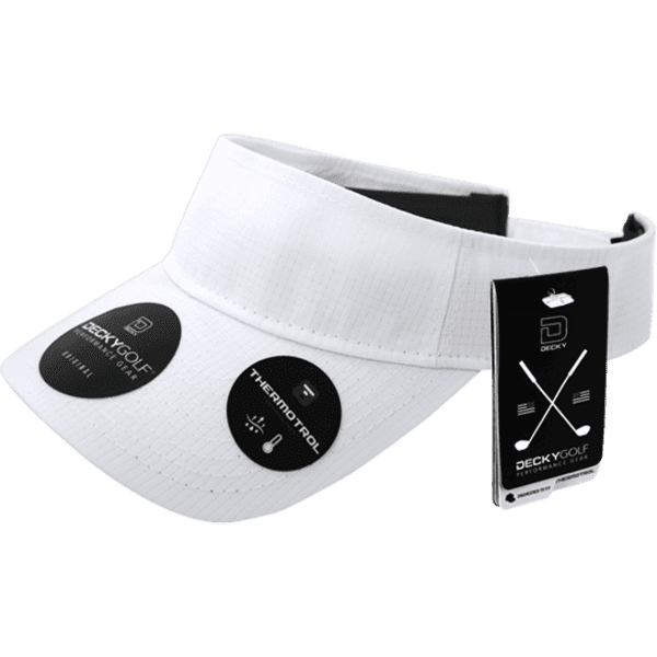 A white sun visor featuring black circular patches and a tag, designed for outdoor use.