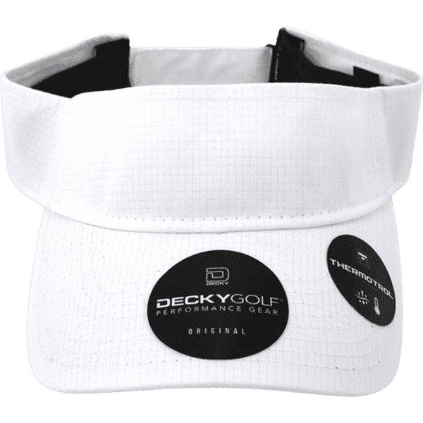 A white sun visor with a textured design and a logo. Features a black inner lining and tags for branding.