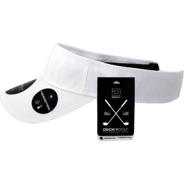 A white sun visor featuring black accents, with a branded tag attached for product information.
