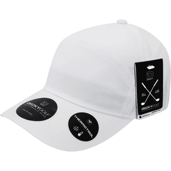 A white cap featuring a logo and multiple round tags, showcasing its design and features.