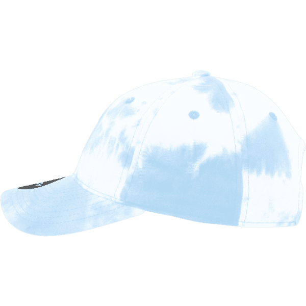 A relaxed tie-dye dad hat in shades of blue and white, featuring a logo on the side.