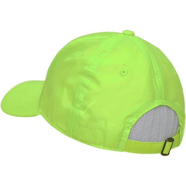 A neon yellow cap with a structured design, featuring a back mesh panel and an adjustable strap.