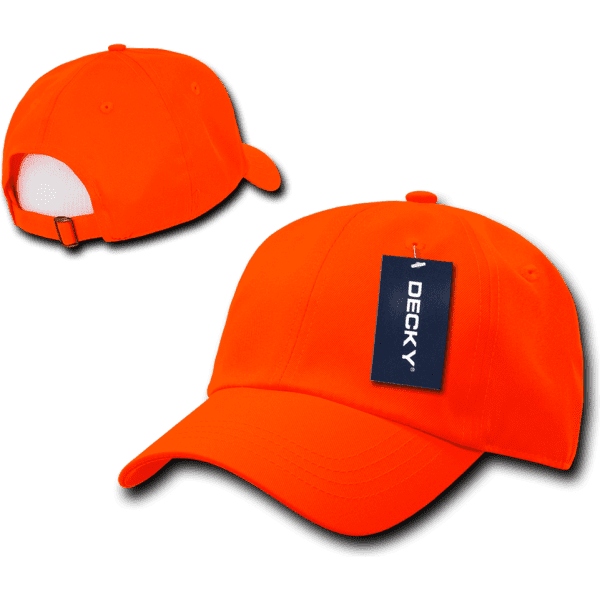 A neon orange cap with a structured six-panel design and a brand tag attached.