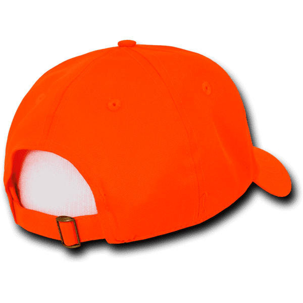 A neon orange cap with a low profile, structured design and an adjustable strap at the back.