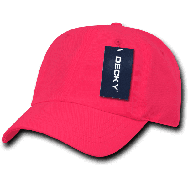 A bright pink 6 panel low profile structured cap with a hangtag and curved brim.
