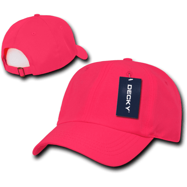 A neon pink 6-panel low profile structured cap featuring a label and a curved brim. The back has an adjustable strap.
