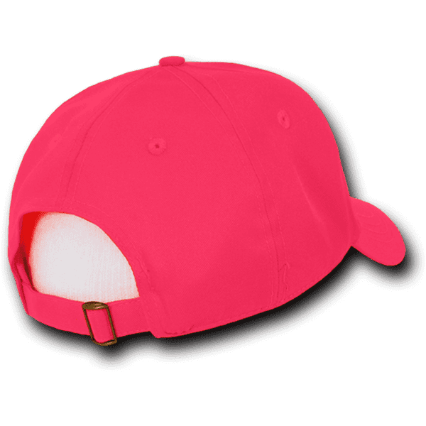 A neon pink cap with a low profile, structured design and an adjustable strap at the back.