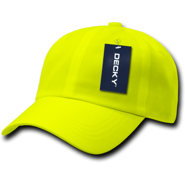 A neon yellow cap with a structured low profile design and an attached tag featuring a logo.