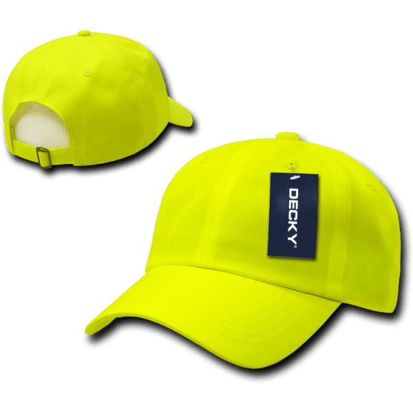 A neon yellow 6-panel low profile structured cap, featuring a tag and a rear strap.