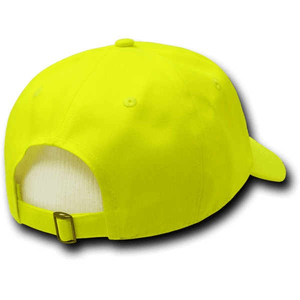 A neon yellow cap featuring six panels and a low profile design, with an adjustable strap at the back.