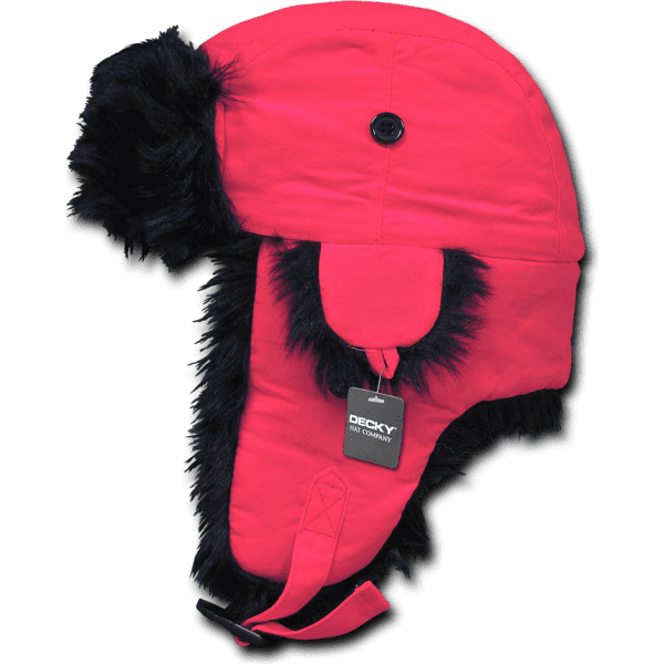 A Neon Aviator Hat in bright pink with black faux fur trim and an adjustable chin strap. Features a logo.