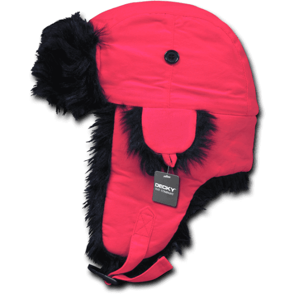 A neon pink aviator hat featuring black faux fur accents and a button detail. It includes a hang tag.