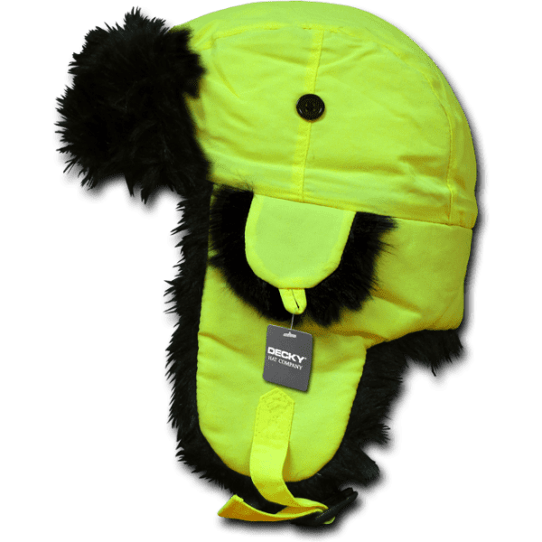 A neon yellow aviator hat with black faux fur trim and a button, featuring a brand tag.