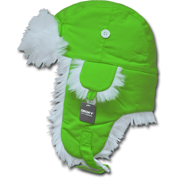 A neon green aviator hat with white faux fur trim and a button closure. It features a branded tag.