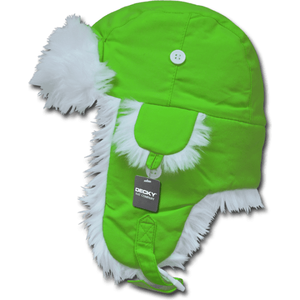 A bright green aviator hat with white faux fur trim and button details, featuring a logo tag.