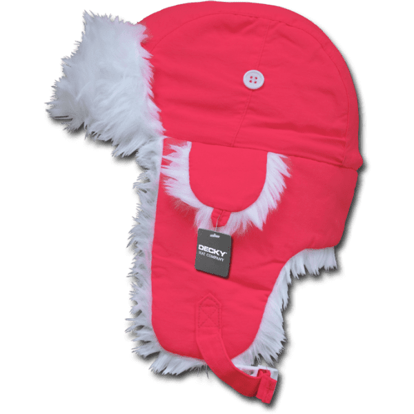 A pink aviator hat with white faux fur trim and a button on top, featuring a logo tag.