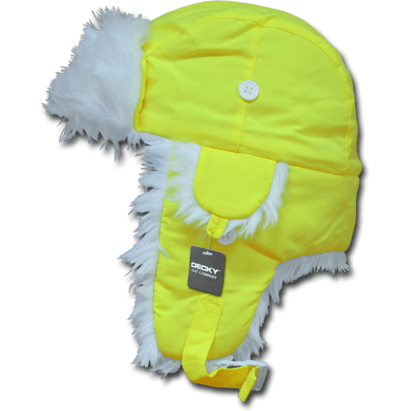 A bright yellow aviator hat with white faux fur trim and button details, featuring a logo tag.