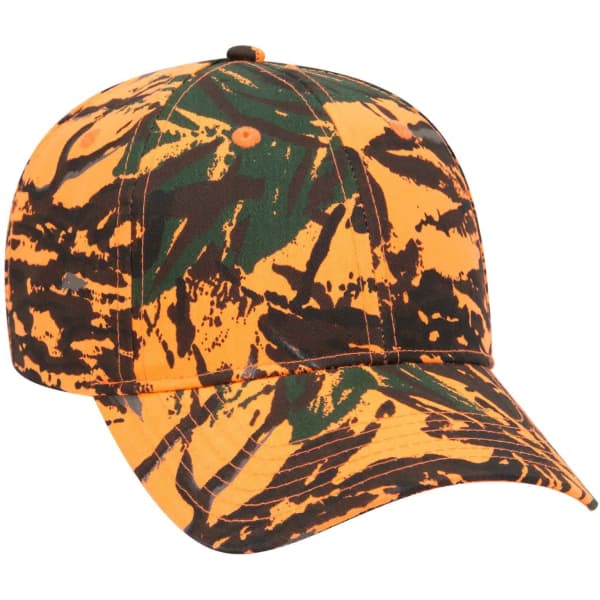 A 6-panel baseball cap in a vibrant orange and green camouflage pattern, featuring a branding logo.