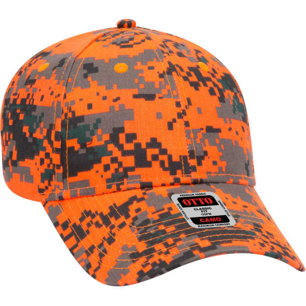 A camouflage 6-panel baseball cap featuring orange and grey digital patterns, with a branded label on the front.