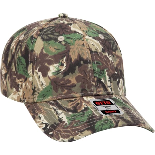 A camouflage 6-panel baseball cap featuring a curved brim and a logo tag on the side.