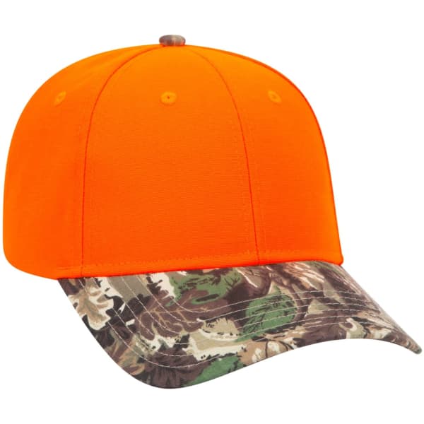 An orange six-panel baseball cap with a camouflage-patterned brim and a logo on the front.