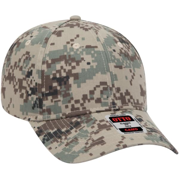 A 6-panel baseball cap featuring a camouflage pattern in shades of green and tan, with a logo on the front.