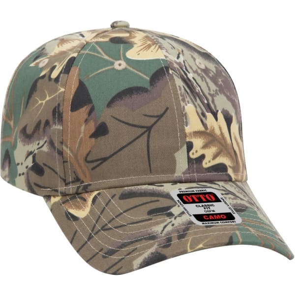 A 6-panel baseball cap in a camouflage pattern featuring green, brown, and tan colours, and includes a logo.