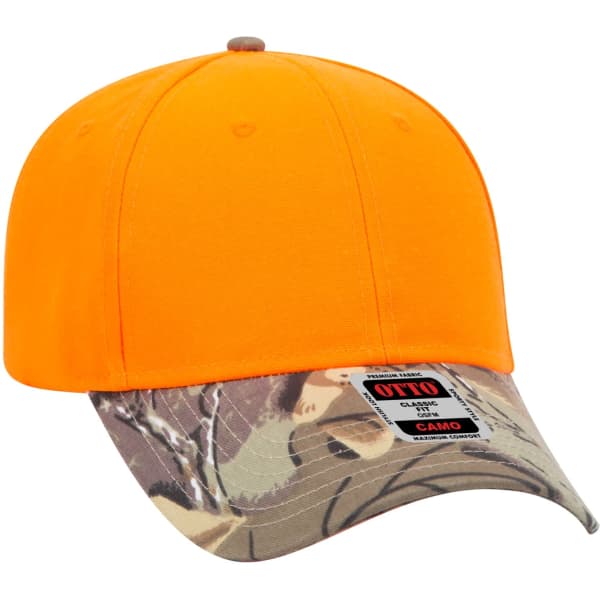 An orange 6-panel baseball cap with a camouflage brim and a logo on the side.