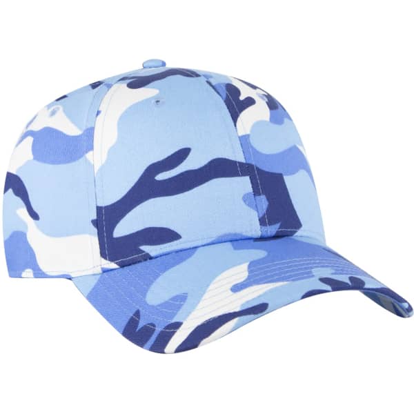 A blue camouflage 6 panel baseball cap featuring various shades of blue and a curved brim. It has a logo.