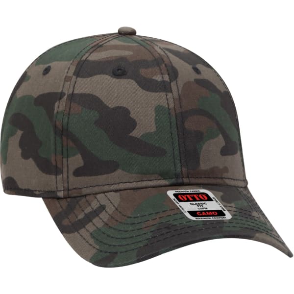 A 6-panel baseball cap in a camouflage pattern featuring shades of green and brown. It has a branding logo.