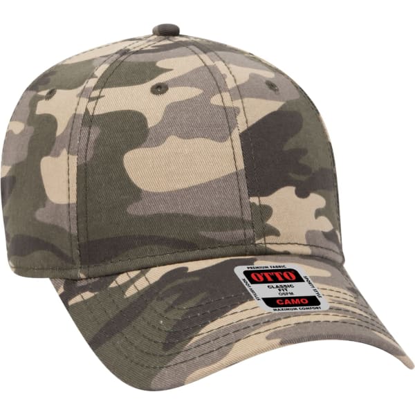A camo-patterned 6 panel baseball cap with a curved brim and a logo on the front.
