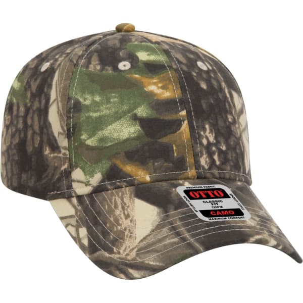 A camo 6-panel baseball cap featuring a woodland pattern and a logo on the front.