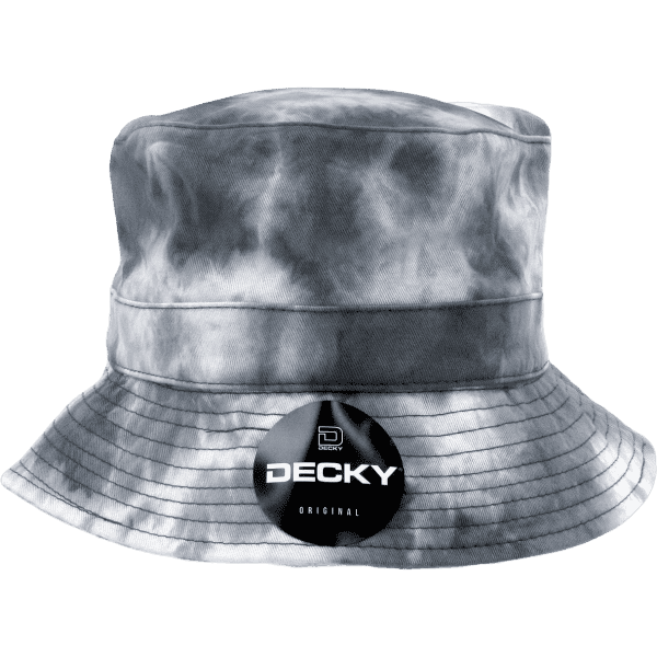A tie dye bucket hat in shades of grey, featuring a branded logo on the front.