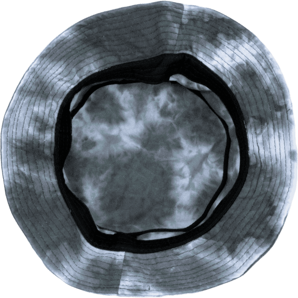 A tie dye bucket hat featuring shades of grey and black, with a black interior lining and a round shape.