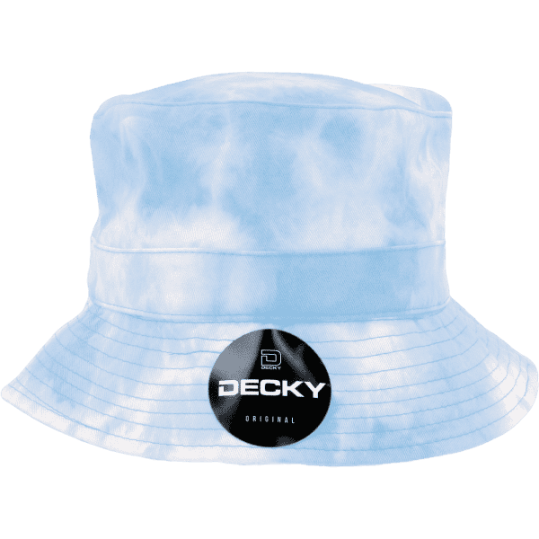A tie dye bucket hat in light blue, featuring a logo on the side.