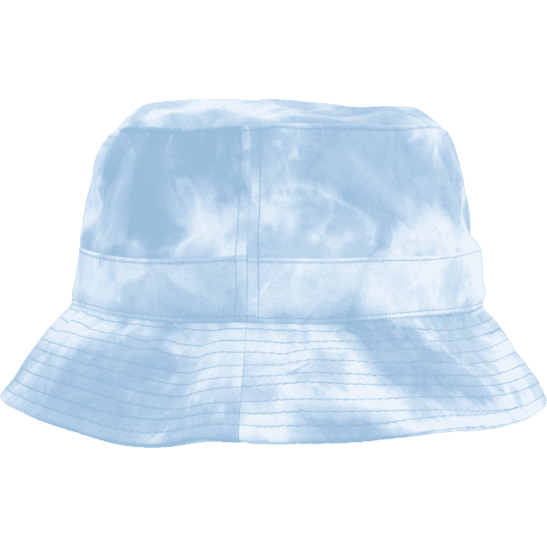 A tie-dye bucket hat in light blue with a wide brim and a textured surface. It features a logo.