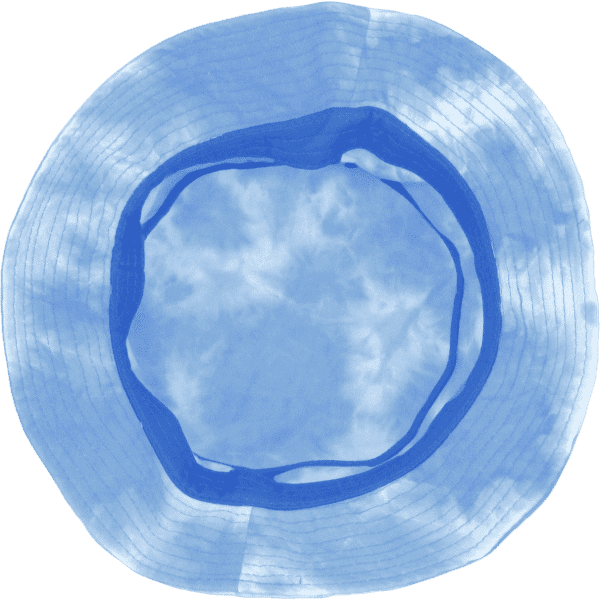 A tie dye bucket hat in shades of blue, featuring a wide brim and a textured interior.