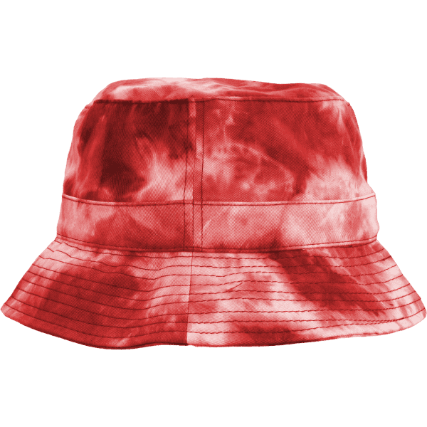A tie dye bucket hat in shades of red and white, featuring a wide brim and a structured crown.