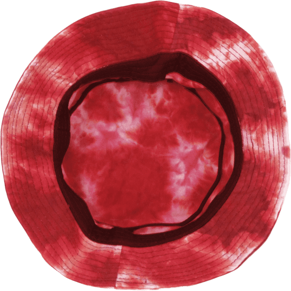 A tie dye bucket hat in various shades of red featuring a textured interior. The hat includes a branding logo.