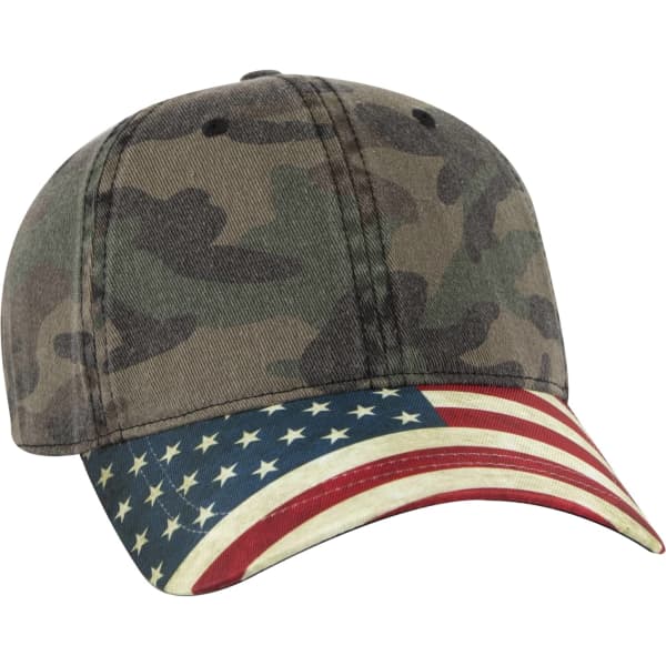 A camouflage 6-panel baseball cap with an American flag design on the brim and a logo on the side.