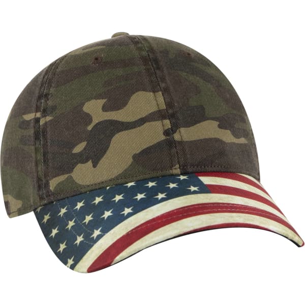 A camouflage baseball cap with a peak featuring an American flag design. The cap has a logo on it.