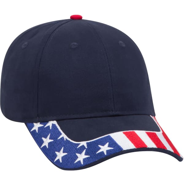 A navy baseball cap featuring a red button and a bill decorated with blue, white, and red star patterns and stripes.