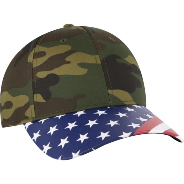 A camouflage baseball cap with a patterned brim featuring stars and stripes, including a logo.