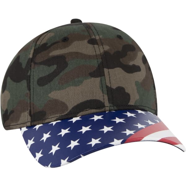 A camouflage baseball cap featuring a stars and stripes design on the visor, with an additional logo present.