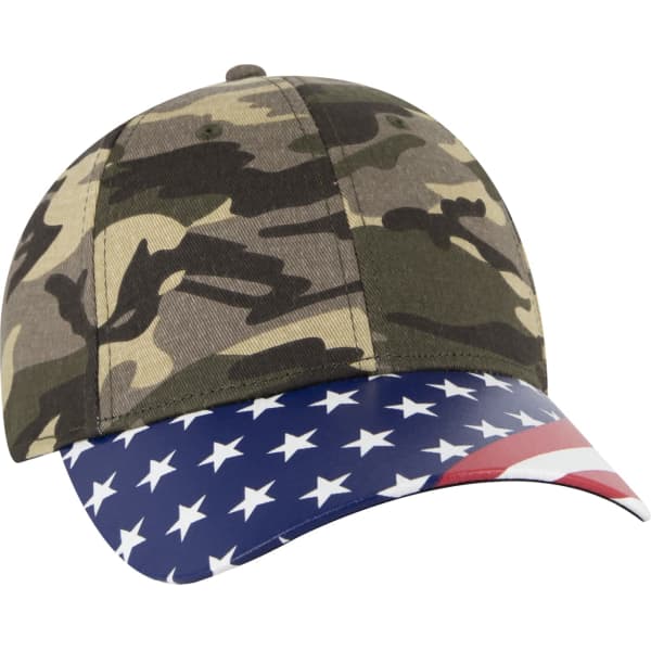 A camouflaged baseball cap featuring an American flag design on the peak and a logo on the underside.