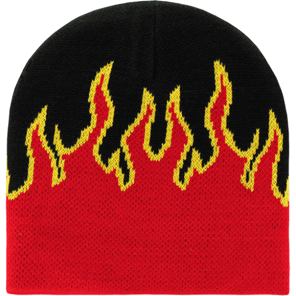 A beanie featuring a black base with red and yellow flame patterns woven into the fabric.