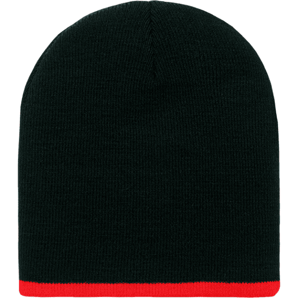 A striped short beanie in black with a red band at the bottom. Features a logo on the side.